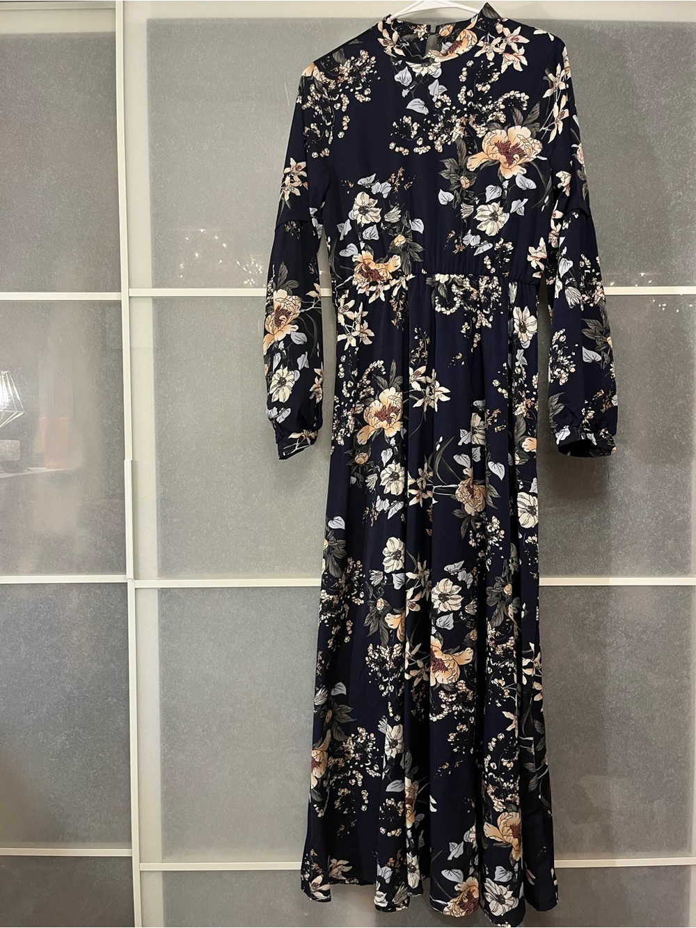 SHEIN Navy Floral Long Sleeve Maxi Dress with Cream & Tan Blooms